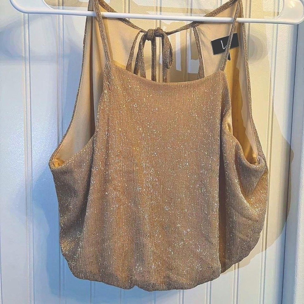 Lulus Gold Sparkly Crop Top Tie Back Detail Sleeveless Blouse Metallic M